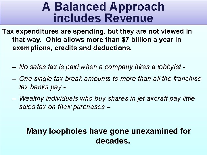 A Balanced Approach includes Revenue Tax expenditures are spending, but they are not viewed