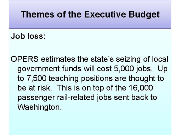 Themes of the Executive Budget Job loss: OPERS estimates the state’s seizing of local