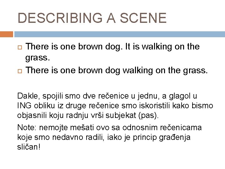 DESCRIBING A SCENE There is one brown dog. It is walking on the grass.