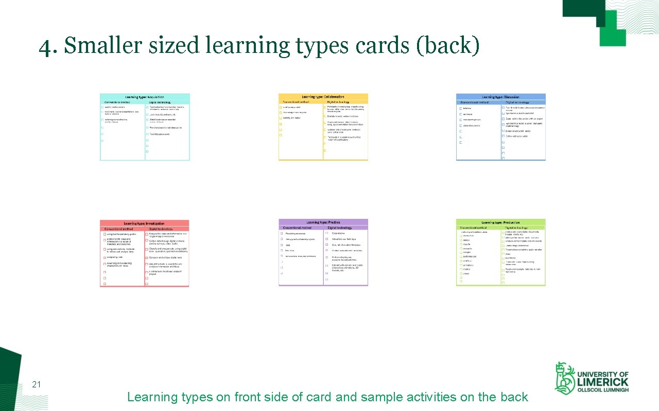 4. Smaller sized learning types cards (back) 21 Learning types on front side of