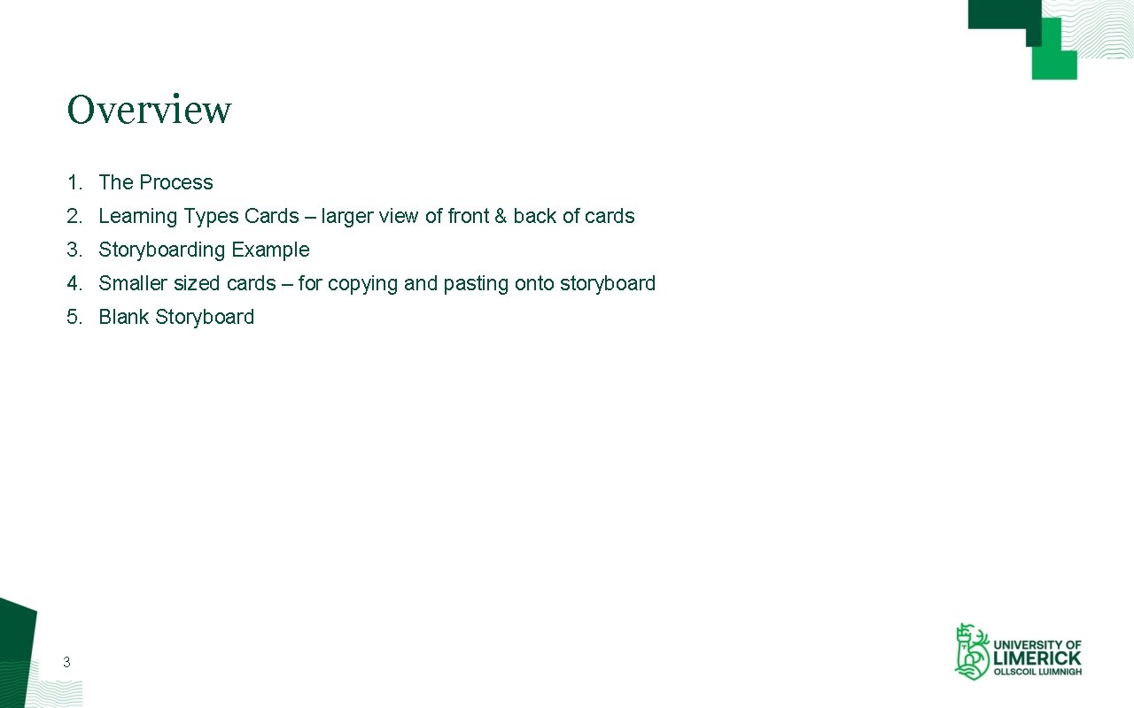 Overview 1. The Process 2. Learning Types Cards – larger view of front &