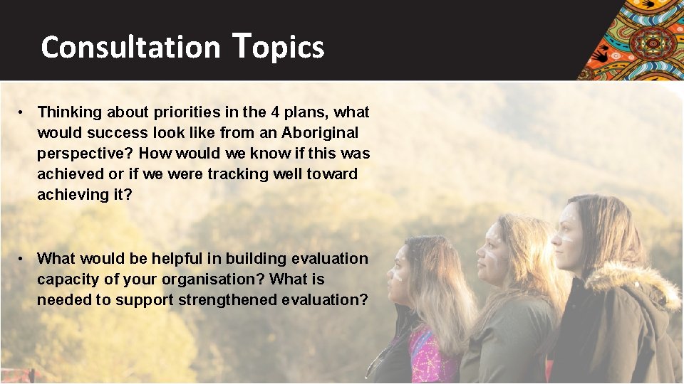 Consultation Topics • Thinking about priorities in the 4 plans, what would success look