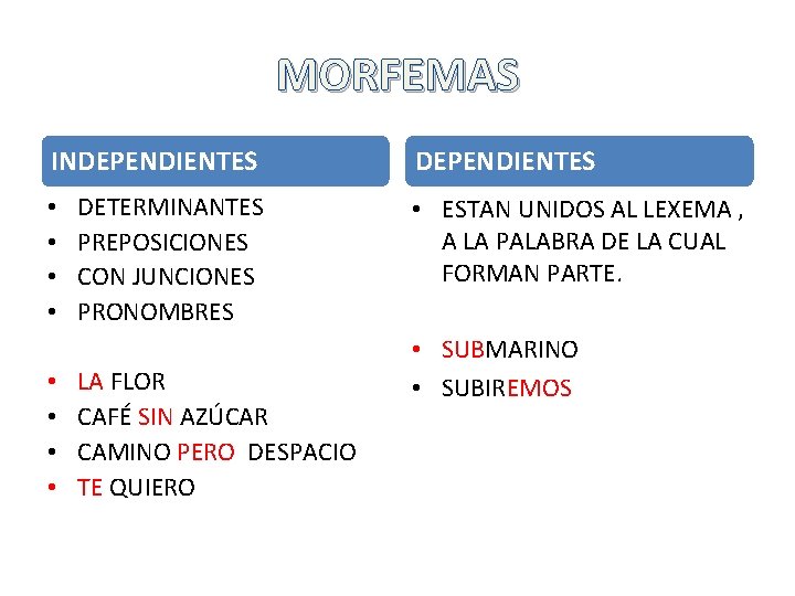 MORFEMAS INDEPENDIENTES • • DETERMINANTES PREPOSICIONES CON JUNCIONES PRONOMBRES LA FLOR CAFÉ SIN AZÚCAR