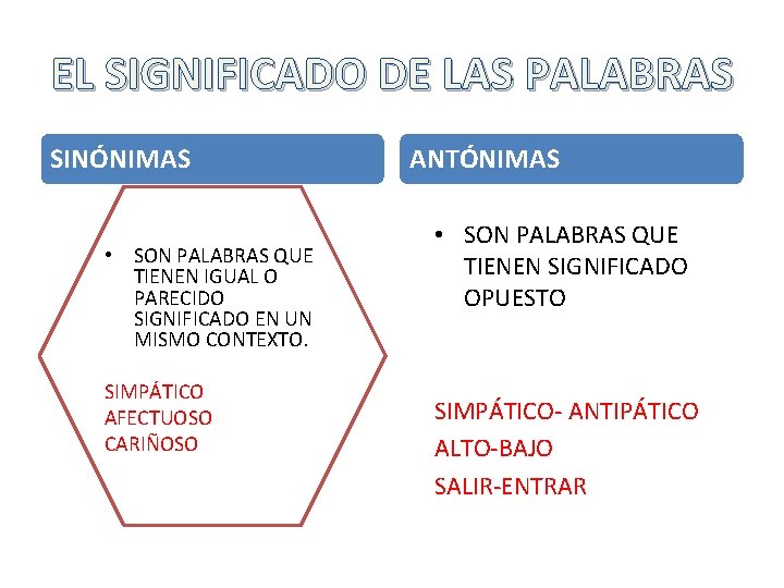 EL SIGNIFICADO DE LAS PALABRAS SINÓNIMAS • SON PALABRAS QUE TIENEN IGUAL O PARECIDO