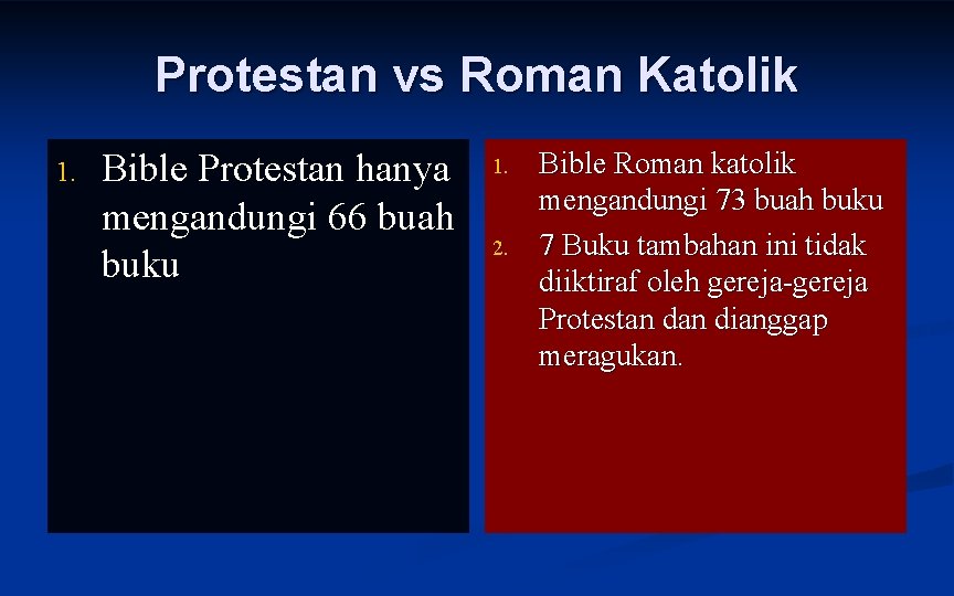 Protestan vs Roman Katolik 1. Bible Protestan hanya mengandungi 66 buah buku 1. 2.