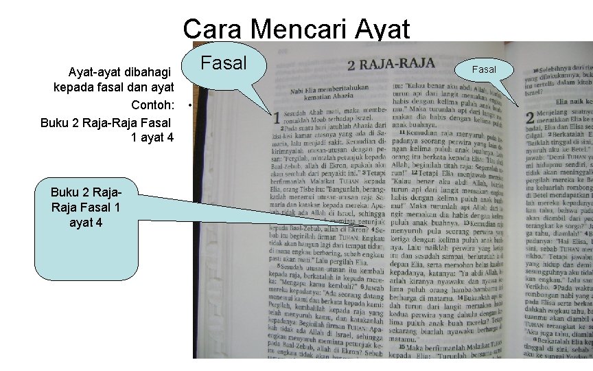 Cara Mencari Ayat-ayat dibahagi kepada fasal dan ayat Contoh: Buku 2 Raja-Raja Fasal 1