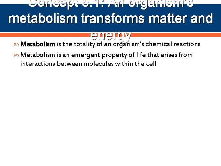 Concept 6. 1: An organism’s metabolism transforms matter and energy Metabolism is the totality