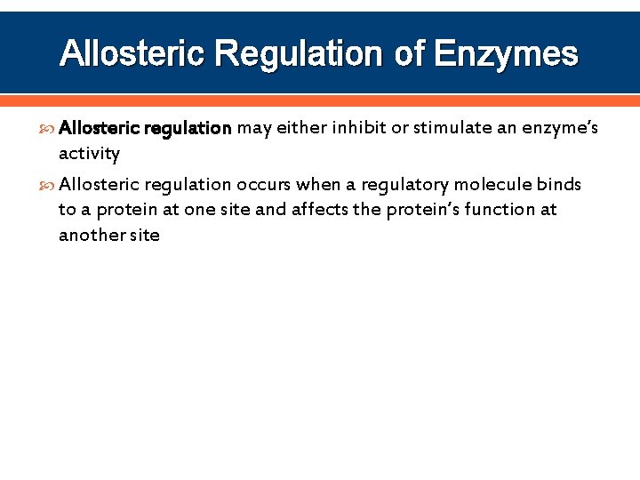 Allosteric Regulation of Enzymes Allosteric regulation may either inhibit or stimulate an enzyme’s activity