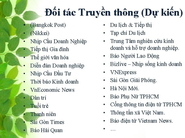 Đối tác Truyền thông (Dự kiến) • (Bangkok Post) • • • • (Nikkei)