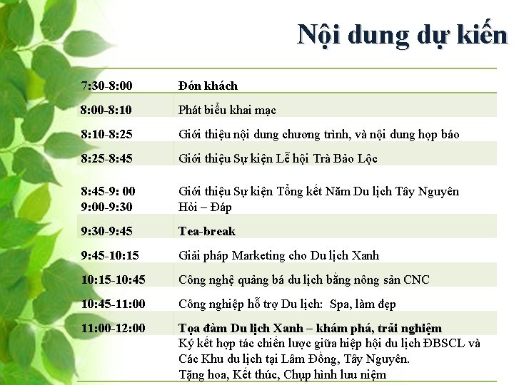 Nội dung dự kiến 7: 30 -8: 00 Đón khách 8: 00 -8: 10