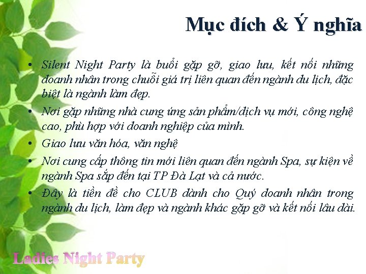 Mục đích & Ý nghĩa • Silent Night Party là buổi gặp gỡ, giao