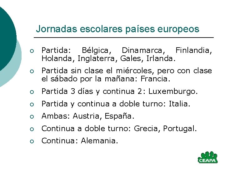 Jornadas escolares países europeos ¡ Partida: Bélgica, Dinamarca, Finlandia, Holanda, Inglaterra, Gales, Irlanda. ¡