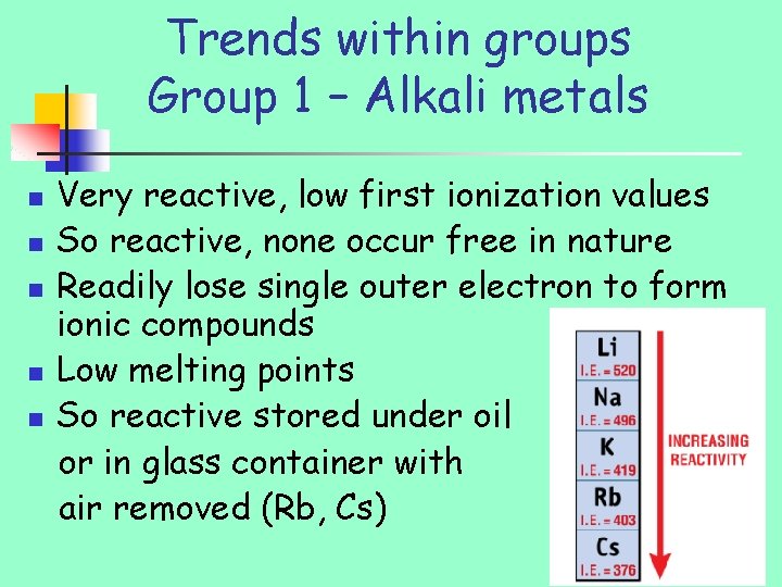 Trends within groups Group 1 – Alkali metals n n n Very reactive, low