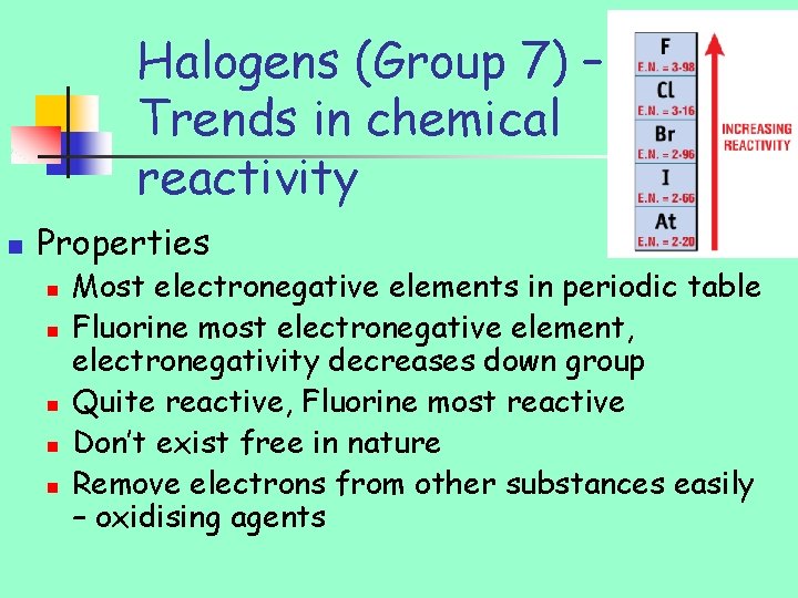 Halogens (Group 7) – Trends in chemical reactivity n Properties n n n Most