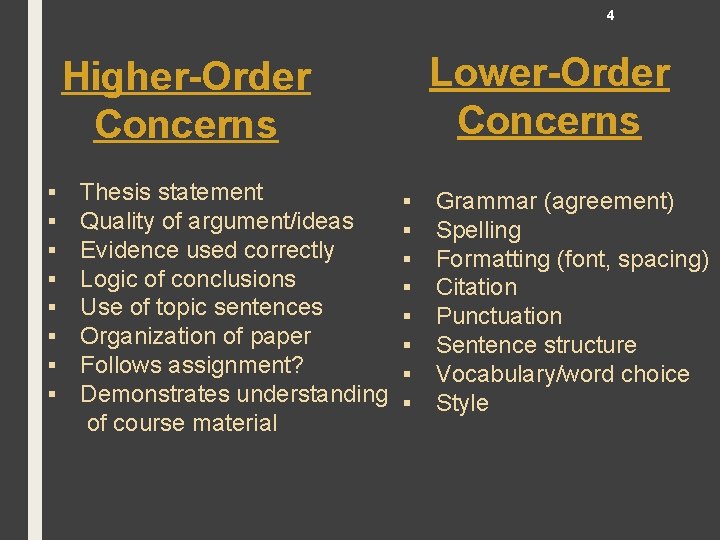 4 Lower-Order Concerns Higher-Order Concerns § § § § Thesis statement Quality of argument/ideas