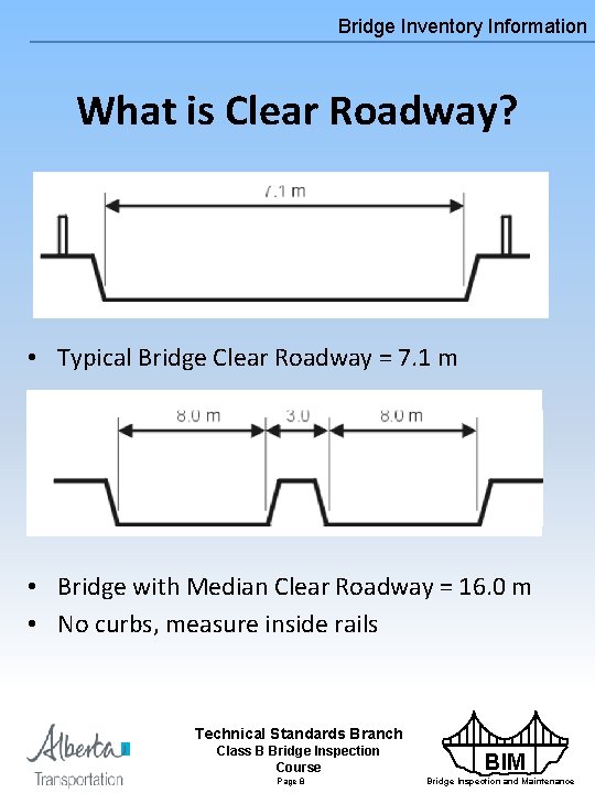 Bridge Inventory Information What is Clear Roadway? • Typical Bridge Clear Roadway = 7.