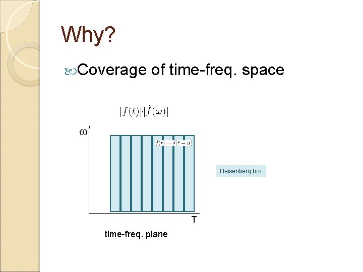 Why? Coverage of time-freq. space w Heisenberg box T time-freq. plane 