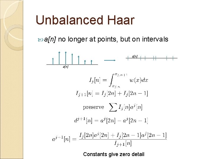 Unbalanced Haar a[n] no longer at points, but on intervals a[n] Constants give zero