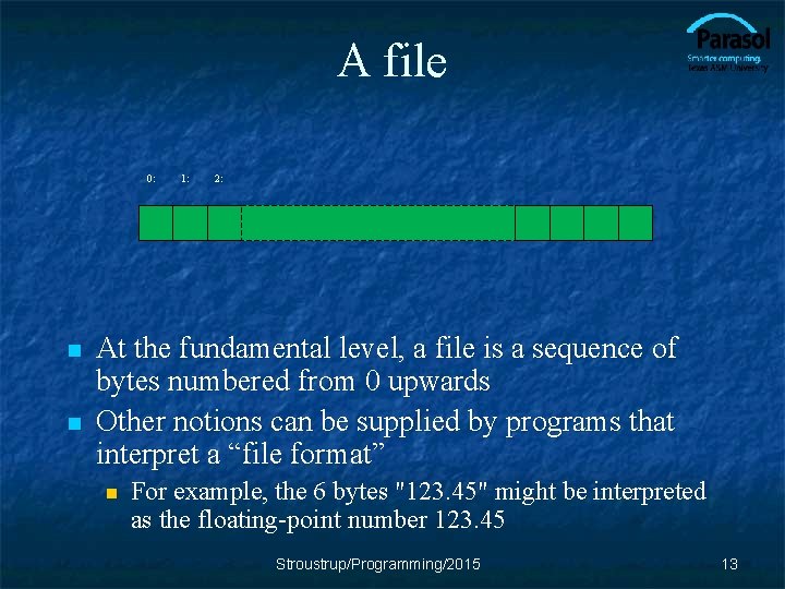A file 0: n n 1: 2: At the fundamental level, a file is