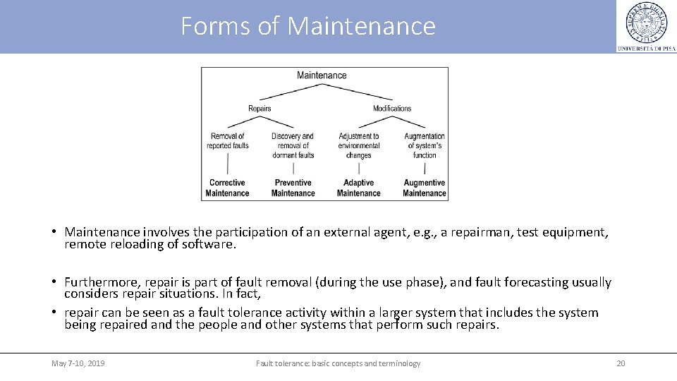 Forms of Maintenance • Maintenance involves the participation of an external agent, e. g.