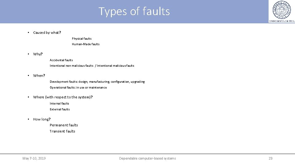 Types of faults • Caused by what? Physical faults Human-Made faults • Why? Accidental