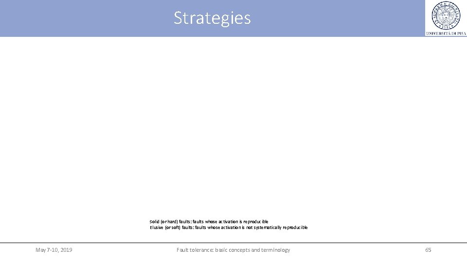 Strategies Solid (or hard) faults: faults whose activation is reproducible Elusive (or soft) faults: