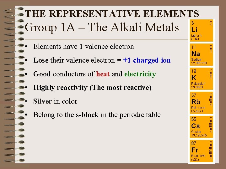 THE REPRESENTATIVE ELEMENTS Group 1 A – The Alkali Metals • Elements have 1