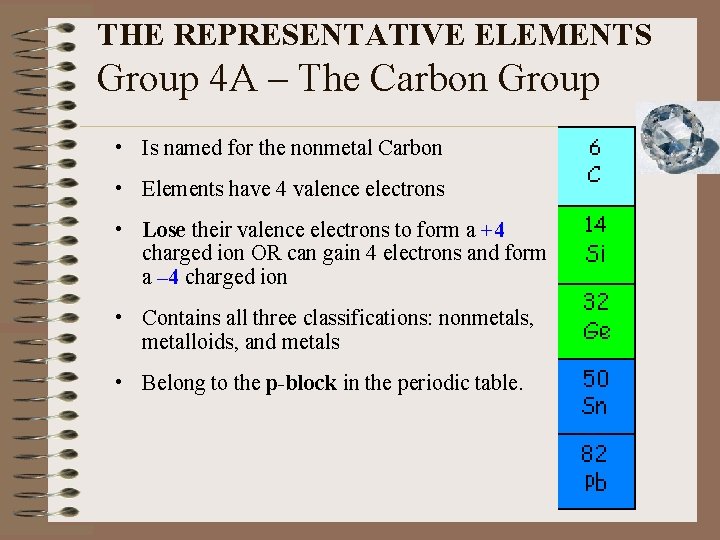 THE REPRESENTATIVE ELEMENTS Group 4 A – The Carbon Group • Is named for