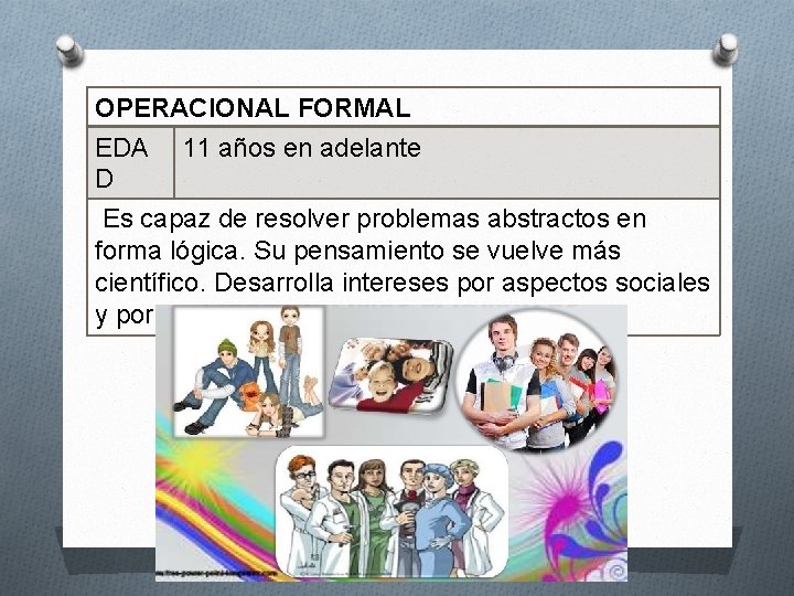 OPERACIONAL FORMAL EDA 11 años en adelante D Es capaz de resolver problemas abstractos