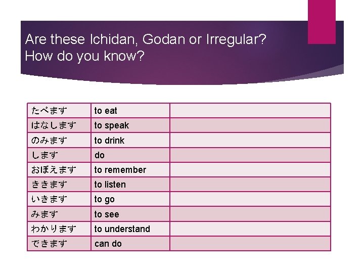 Are these Ichidan, Godan or Irregular? How do you know? たべます to eat はなします
