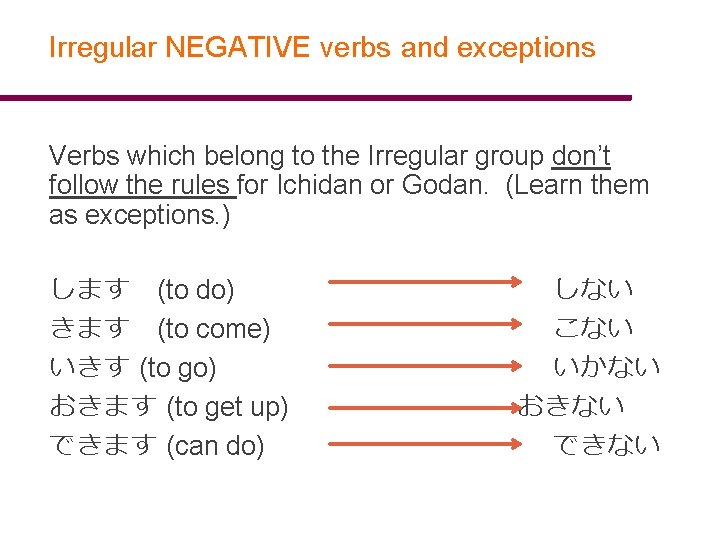 Irregular NEGATIVE verbs and exceptions Verbs which belong to the Irregular group don’t follow