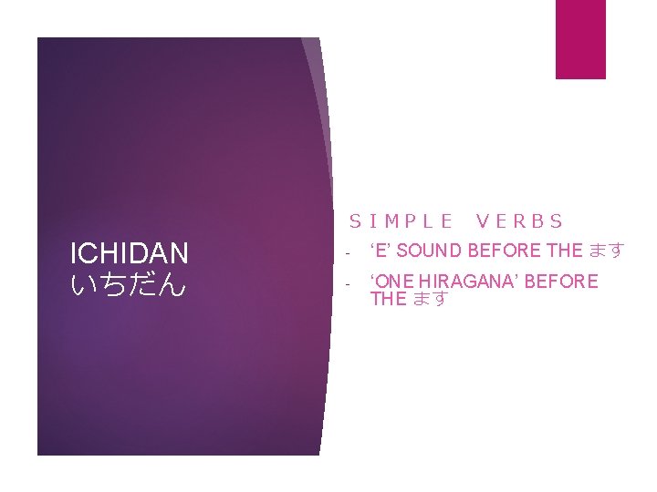 ＳＩＭＰＬＥ ICHIDAN いちだん ＶＥＲＢＳ - ‘E’ SOUND BEFORE THE ます - ‘ONE HIRAGANA’ BEFORE