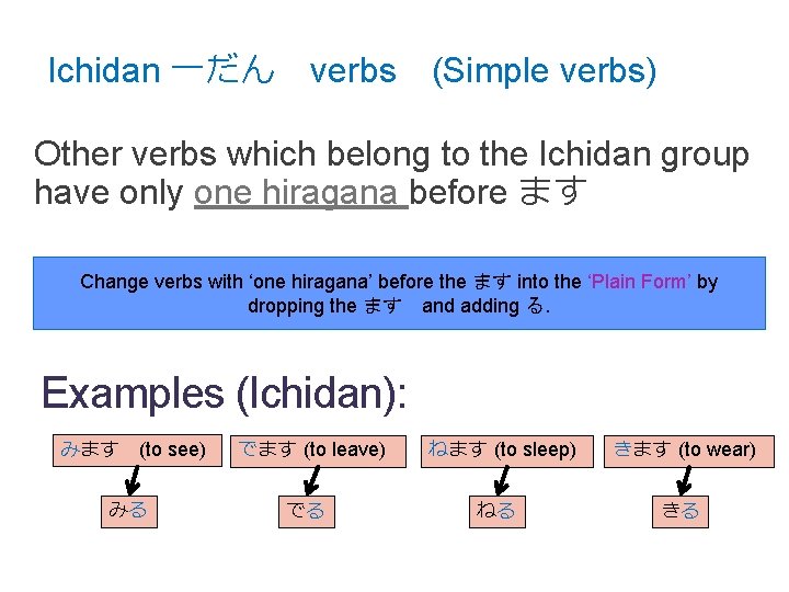 Ichidan 一だん verbs (Simple verbs) Other verbs which belong to the Ichidan group have