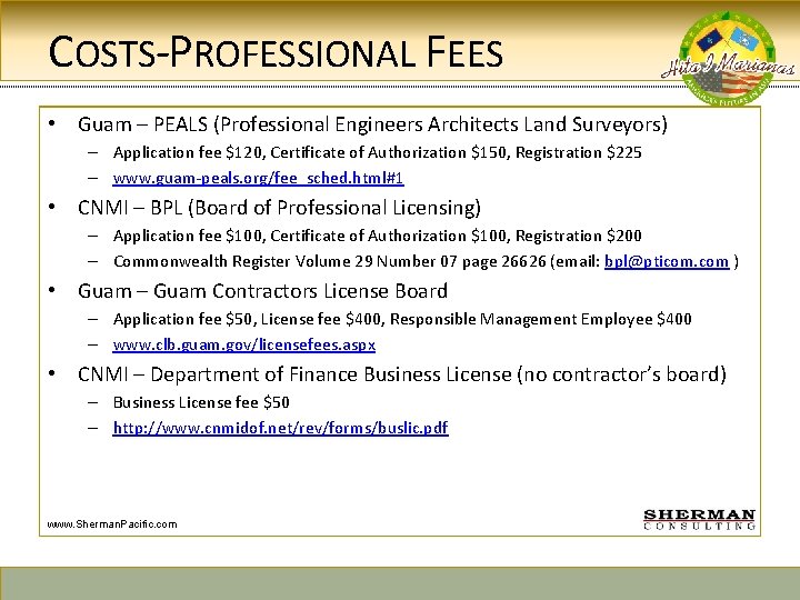 COSTS-PROFESSIONAL FEES • Guam – PEALS (Professional Engineers Architects Land Surveyors) – Application fee