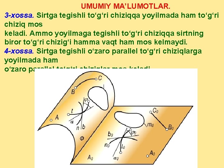 UMUMIY MA’LUMOTLAR. 3 -xossa. Sirtga tegishli to‘g‘ri chiziqqa yoyilmada ham to‘g‘ri chiziq mos keladi.