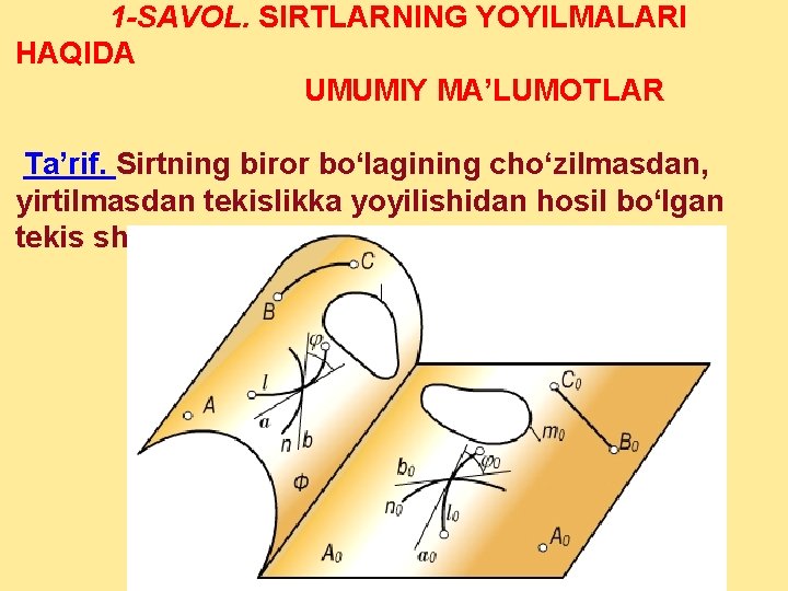 1 -SAVOL. SIRTLARNING YOYILMALARI HAQIDA UMUMIY MA’LUMOTLAR Ta’rif. Sirtning biror bo‘lagining cho‘zilmasdan, yirtilmasdan tekislikka