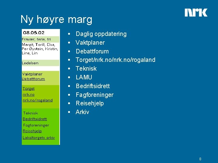 Ny høyre marg Daglig oppdatering Vaktplaner Debattforum Torget/nrk. no/rogaland Teknisk LAMU Bedriftsidrett Fagforeninger Reisehjelp