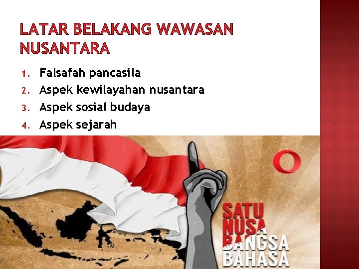 LATAR BELAKANG WAWASAN NUSANTARA 1. 2. 3. 4. Falsafah pancasila Aspek kewilayahan nusantara Aspek