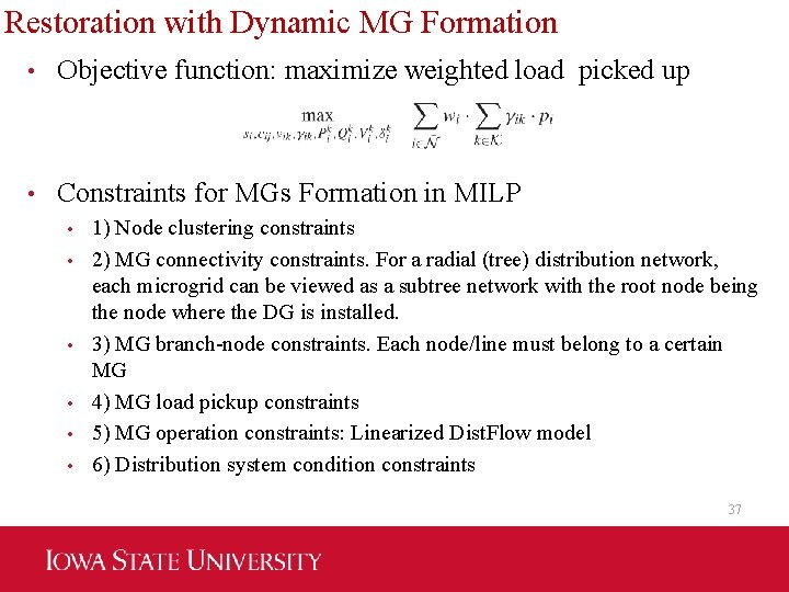Restoration with Dynamic MG Formation • Objective function: maximize weighted load picked up •