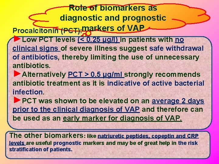 Role of biomarkers as diagnostic and prognostic Procalcitonin (PCT): markers of VAP ►Low PCT