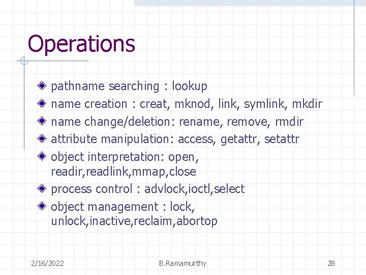 Operations pathname searching : lookup name creation : creat, mknod, link, symlink, mkdir name