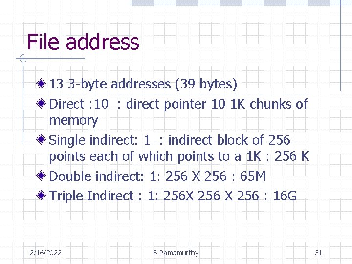 File address 13 3 -byte addresses (39 bytes) Direct : 10 : direct pointer
