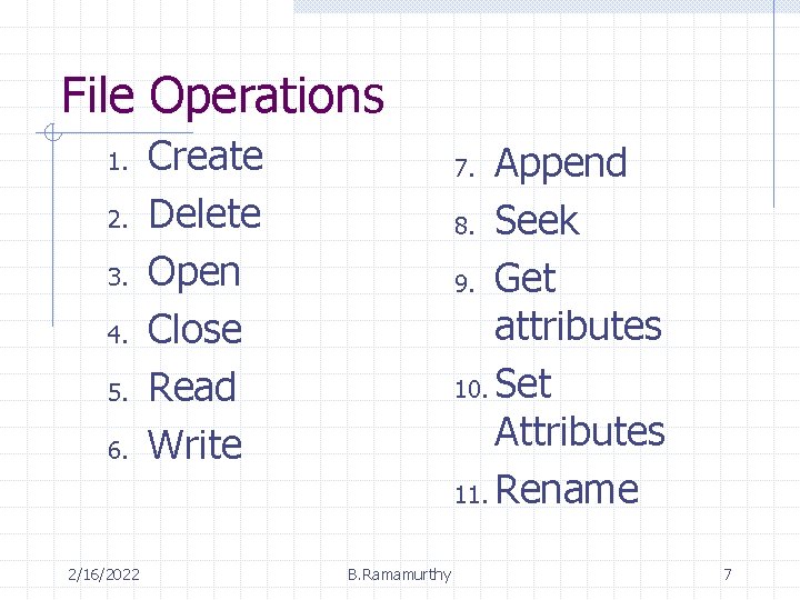 File Operations 1. 2. 3. 4. 5. 6. 2/16/2022 Create Delete Open Close Read