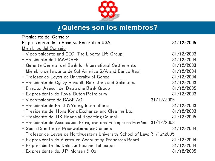 ¿Quienes son los miembros? Presidente del Consejo: Ex presidente de la Reserva Federal de