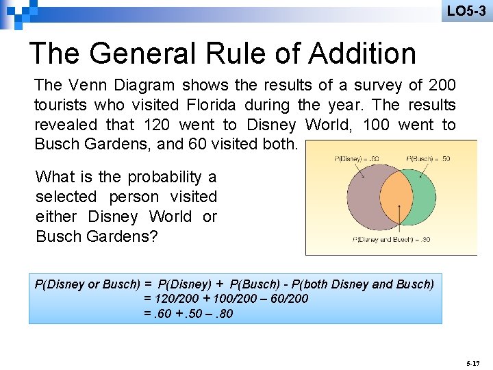 LO 5 -3 The General Rule of Addition The Venn Diagram shows the results LO 5 -3 The General Rule of Addition The Venn Diagram shows the results