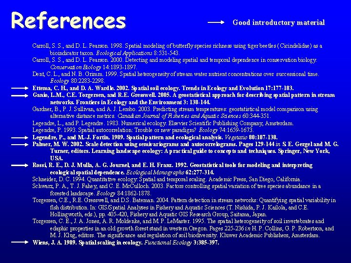 References Good introductory material Carroll, S. S. , and D. L. Pearson. 1998. Spatial