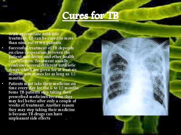 Cures for TB • • • With appropriate antibiotic treatment, TB can be cured