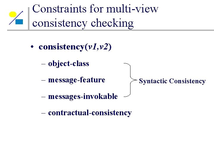 Constraints for multi-view consistency checking • consistency(v 1, v 2) – object-class – message-feature Constraints for multi-view consistency checking • consistency(v 1, v 2) – object-class – message-feature
