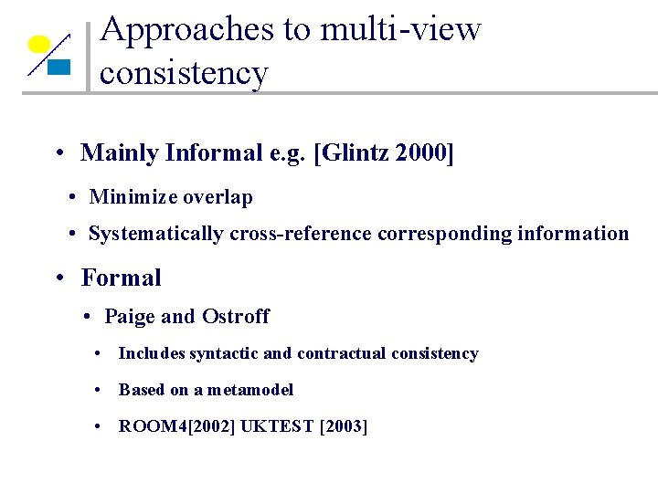 Approaches to multi-view consistency • Mainly Informal e. g. [Glintz 2000] • Minimize overlap