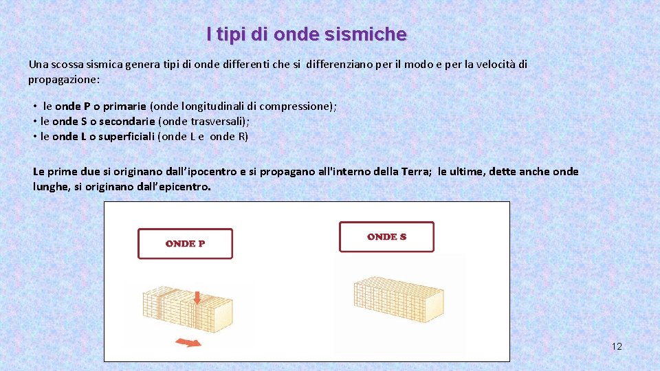 I tipi di onde sismiche Una scossa sismica genera tipi di onde differenti che